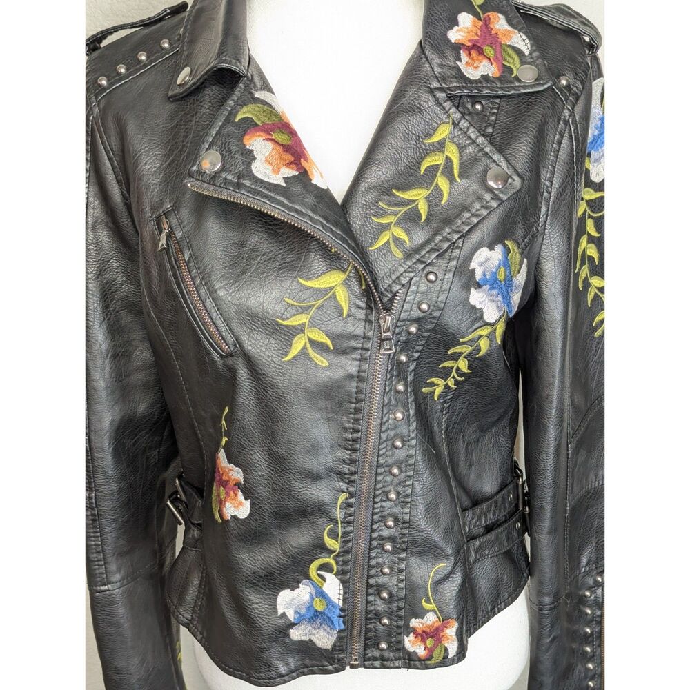 Faux Leather Biker Black Moto Jacket Floral Embroidery FLAWS Unique Approx Sz S - Picture 4 of 16